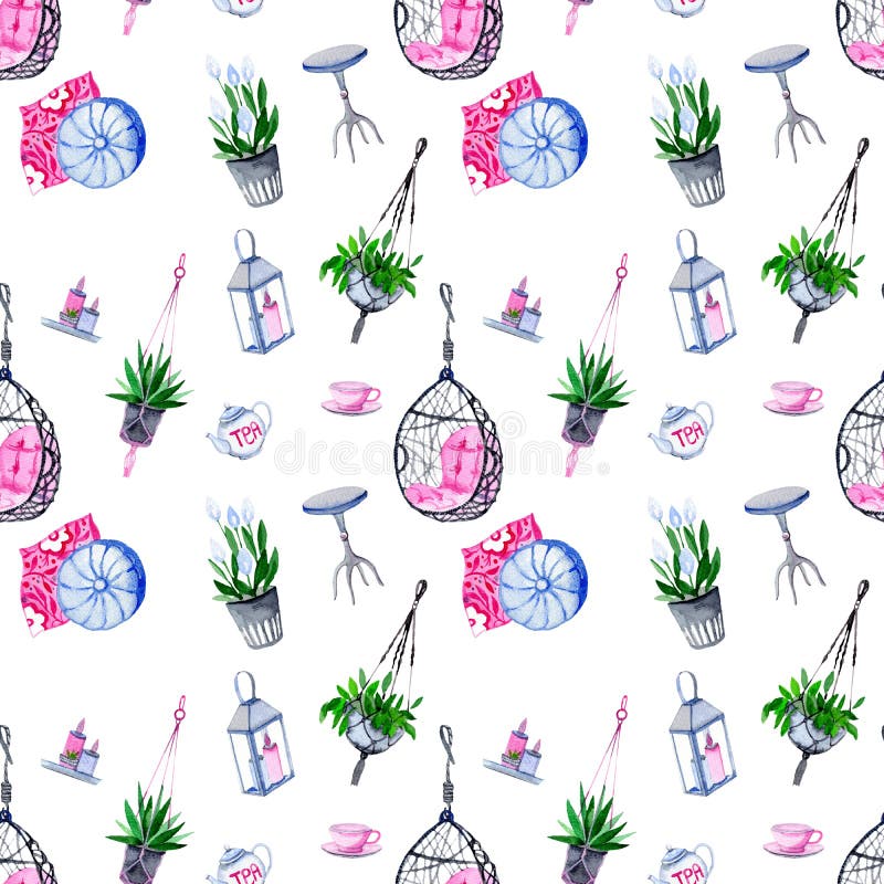 Watercolor seamless pattern with cozy home elements royalty free illustration
