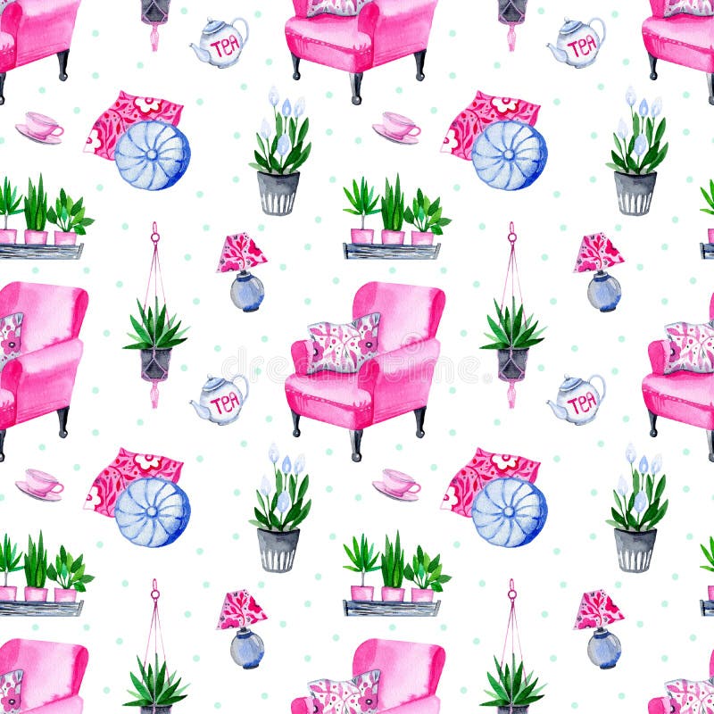 Watercolor seamless pattern with cozy home elements stock illustration
