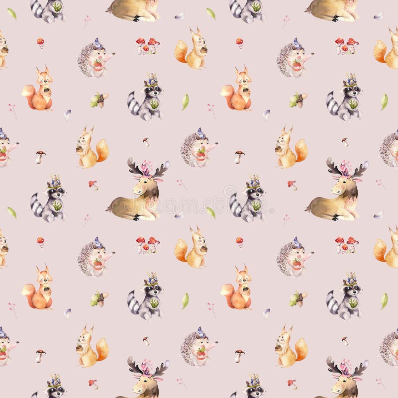 Watercolor seamless pattern of cute baby cartoon hedgehog, squirrel and moose animal for nursary, woodland forest