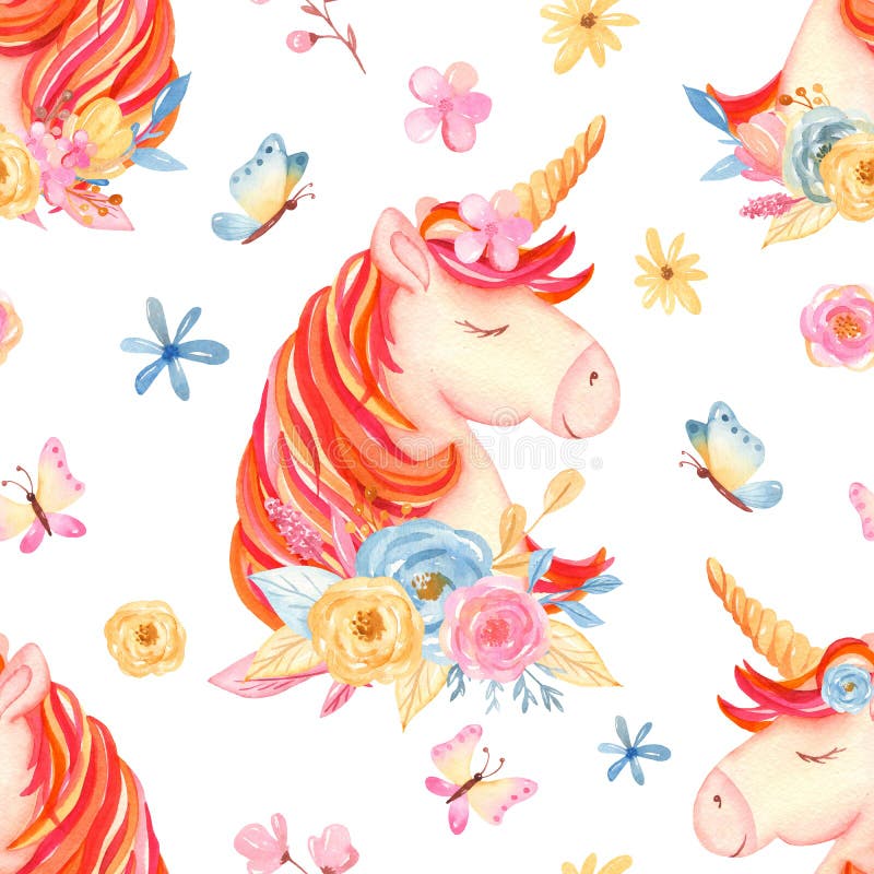 Watercolor seamless pattern with cute cartoon romantic unicorn and flowers. Texture for wedding design, wallpaper, scrapbooking, prints, apparel, fabrics, textiles.