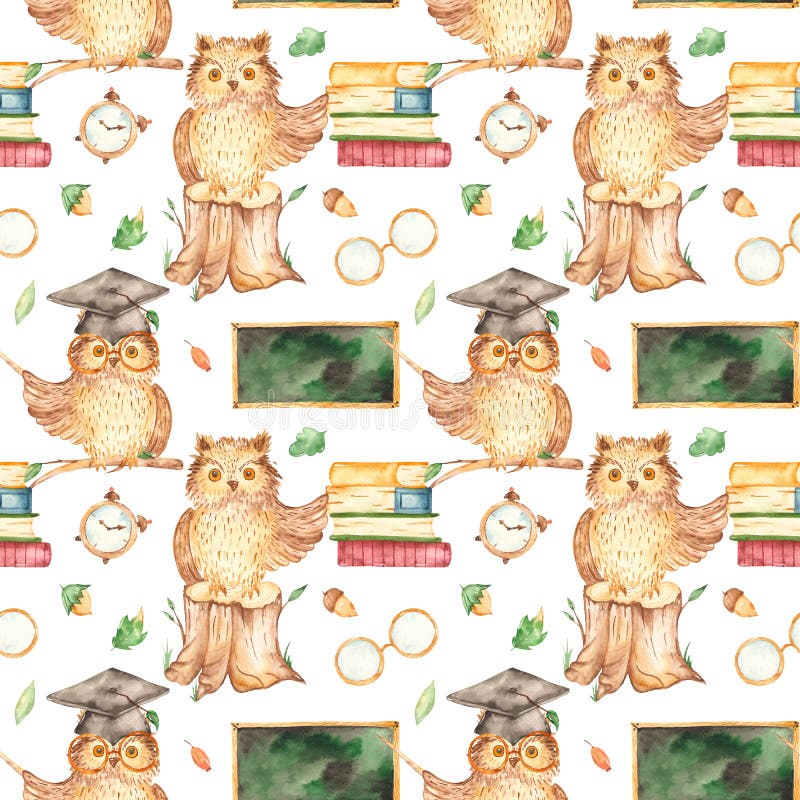 Watercolor seamless pattern with cute owl school teacher