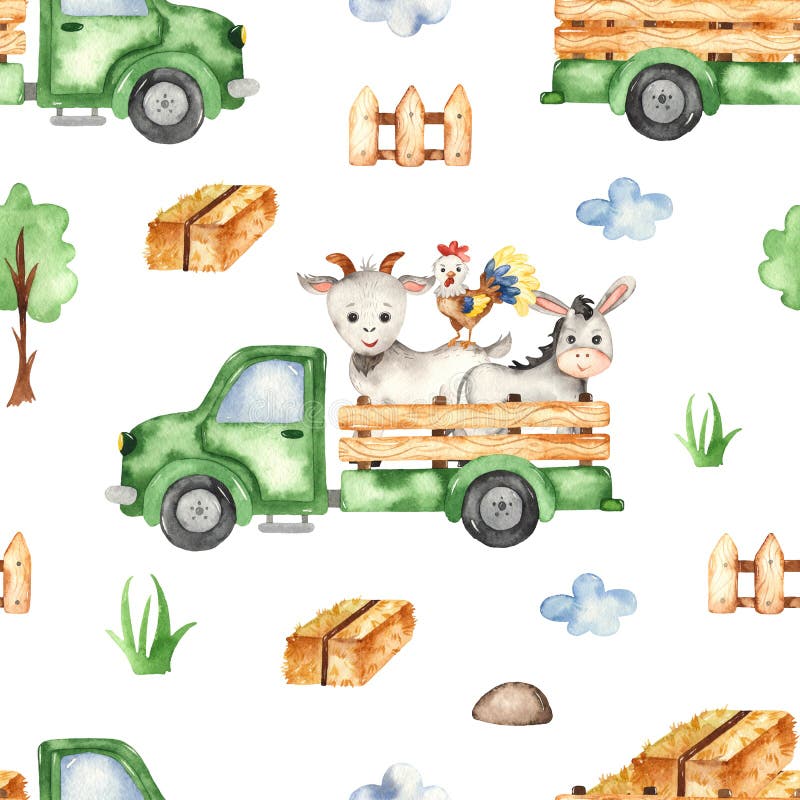 Watercolor seamless pattern with farm truck, hay, farm animals, tree