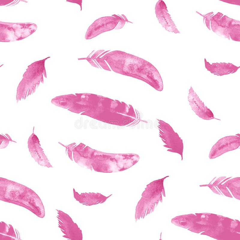 Watercolor seamless pattern. Flying feather in romantic purple and pink colors.