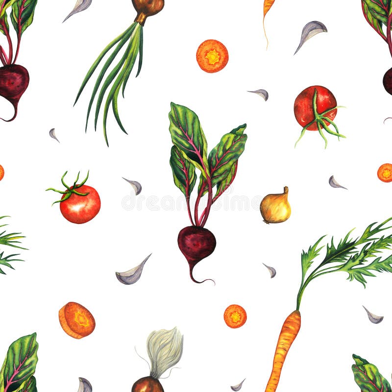 Watercolor seamless pattern with hand drawn carrot, beetroot, onion, tomato, garlic. vegetables isolated on white