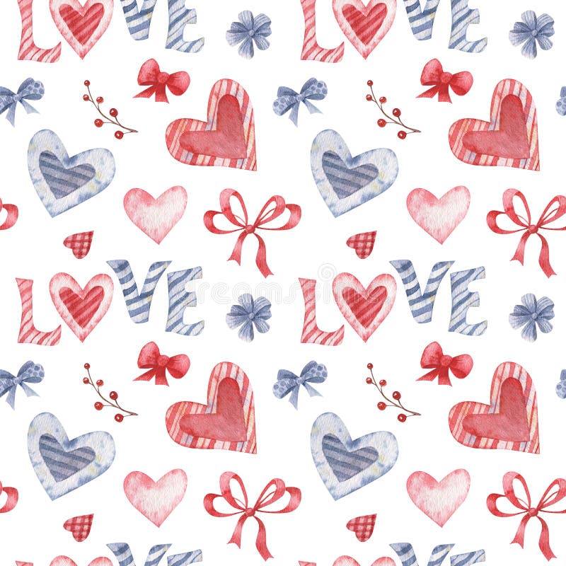 Printable digital papers PNG Valentine's Day seamless patterns JPG files. Watercolor hand-painted images Red hearts clip art