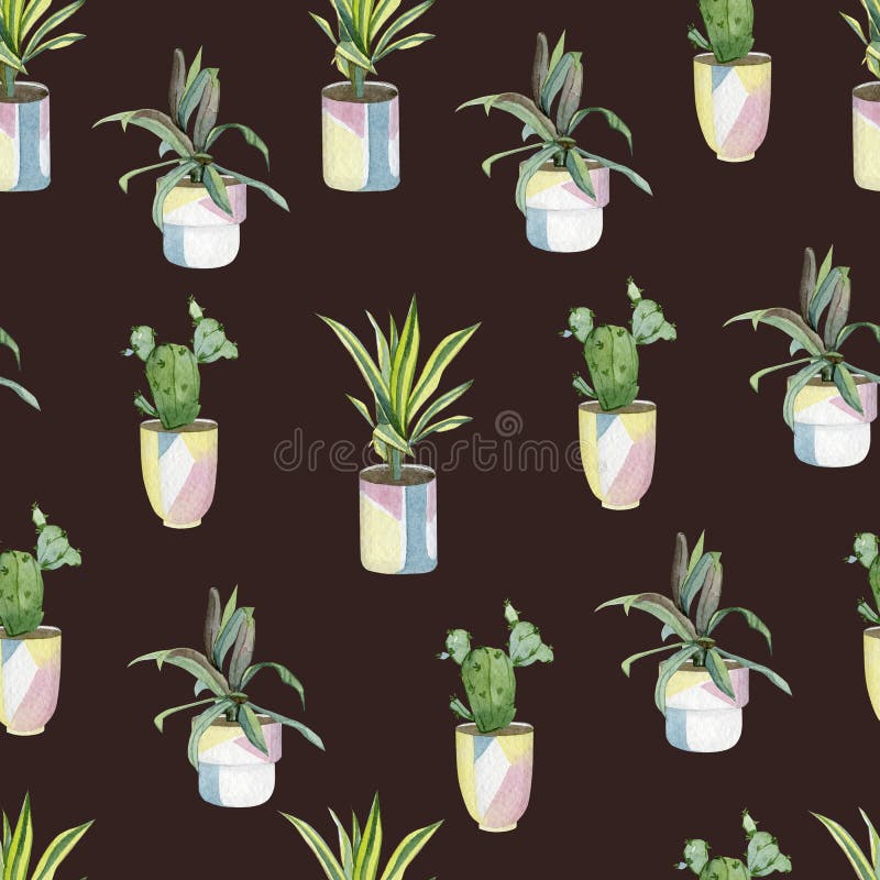 Watercolor seamless pattern of home plants in flower pots. Hand drawn watercolor for banner, print, home or garden decoration. vector illustration Watercolor seamless pattern of home plants in flower pots. Hand drawn watercolor for banner, print, home or garden decoration. vector illustration