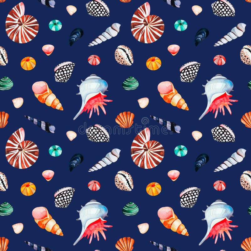 Watercolor seamless pattern with multicolored seashells.Dark background