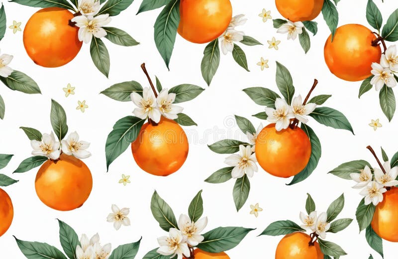 Watercolor seamless pattern of oranges, orange blossoms, green leaves on white background. Bright citrus fruit clipart design for textile, fashion, food industry, packaging, print. Seamless pattern bright oranges stock images, royalty-free photos and pictures