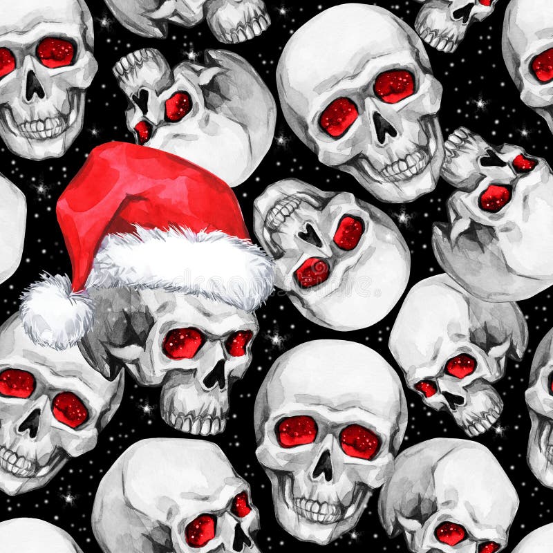 Watercolor seamless pattern with sketchy skulls in Santa hat. Cretive New Year. Celebration illustration. Can be use in vector illustration Watercolor seamless pattern with sketchy skulls in Santa hat. Cretive New Year. Celebration illustration. Can be use in vector illustration