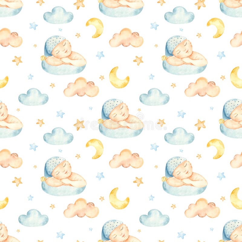Watercolor Seamless Pattern with Sleeping Baby Boy on a Cloud with a