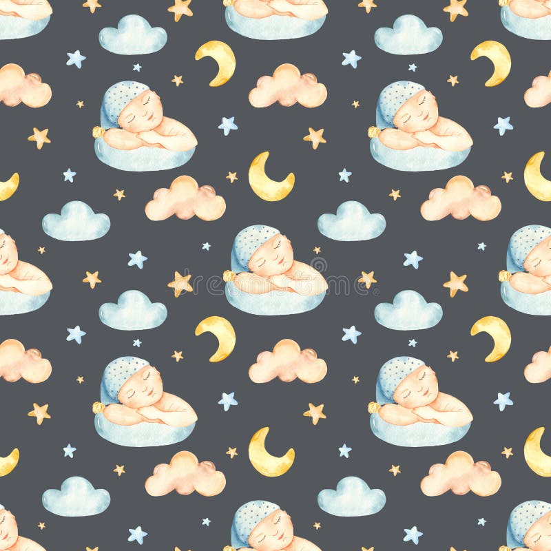 Watercolor Seamless Pattern with Sleeping Baby Boy on a Cloud with a