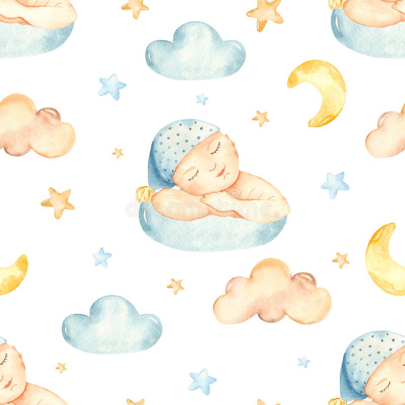 Watercolor Seamless Pattern with Sleeping Baby Boy on a Cloud with a