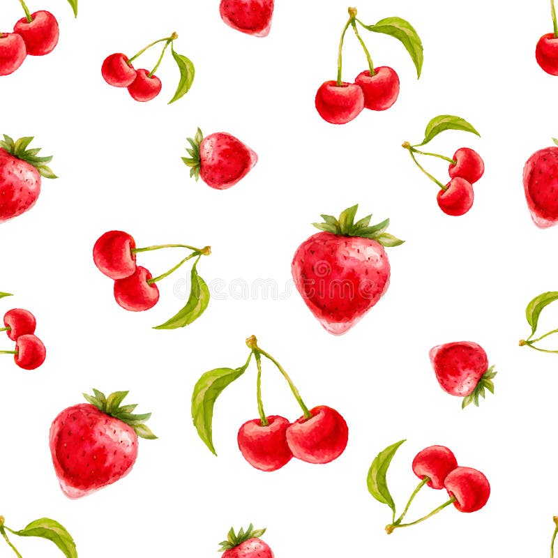 Watercolor seamless pattern with strawberries and cherries. Hand drawn design.