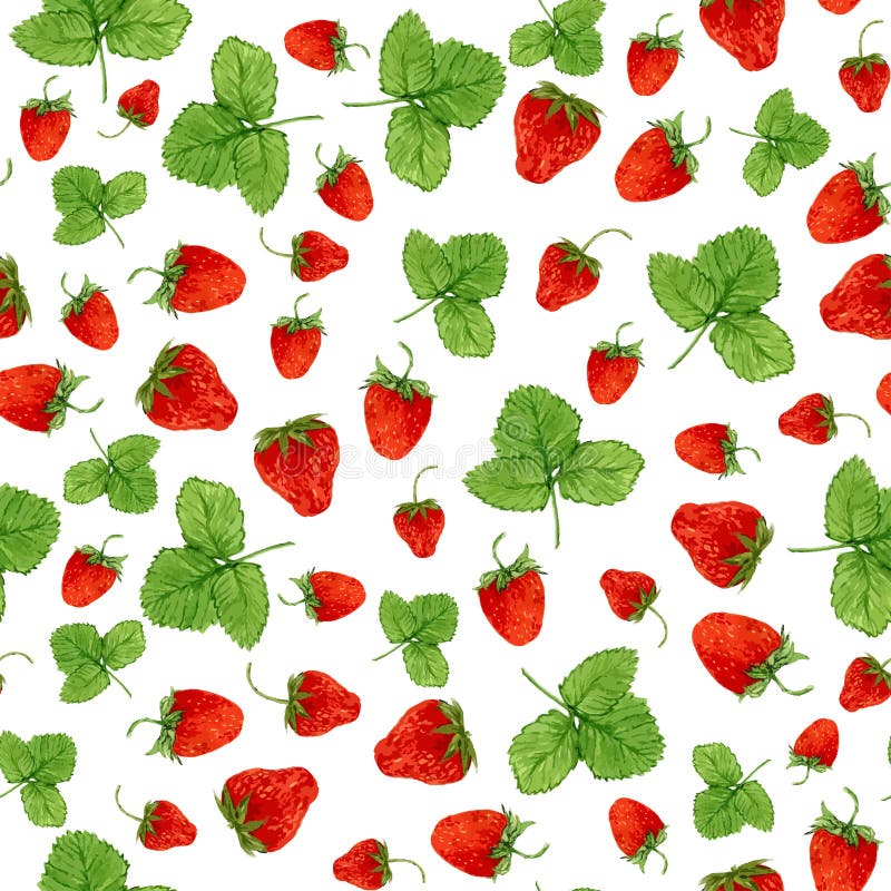 Watercolor seamless pattern with strawberries and leaves on the white background. Hand drawn illustration for eco product d