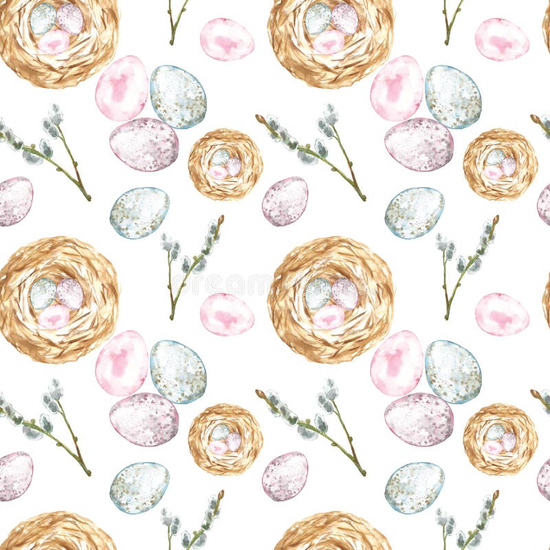 Watercolor seamless pattern with symbols of spring and Easter holiday, eggs, bird nest and tree branch on white background