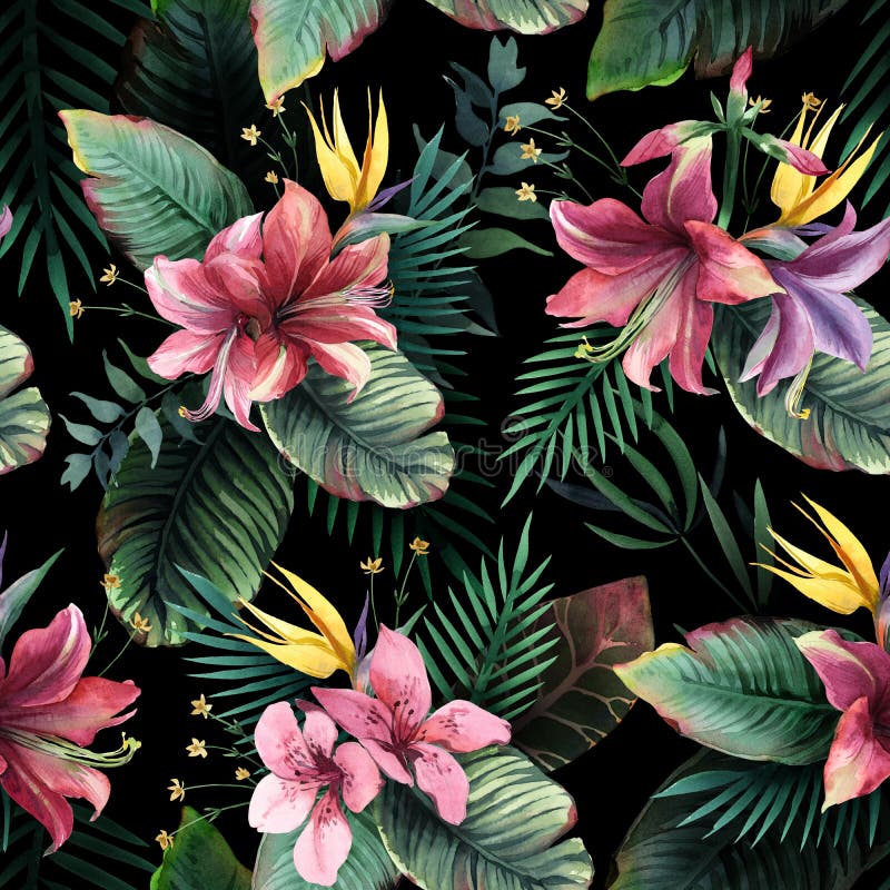 Watercolor Seamless Pattern of Tropical Flowers and Leaves on White ...