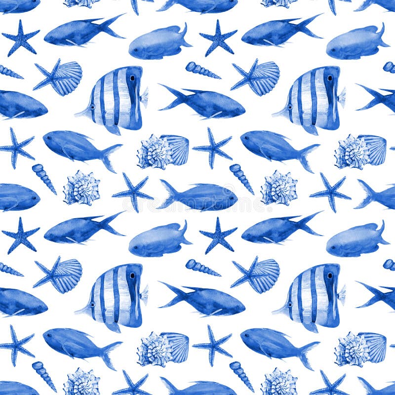 Watercolor seamless pattern with underwater life objects.