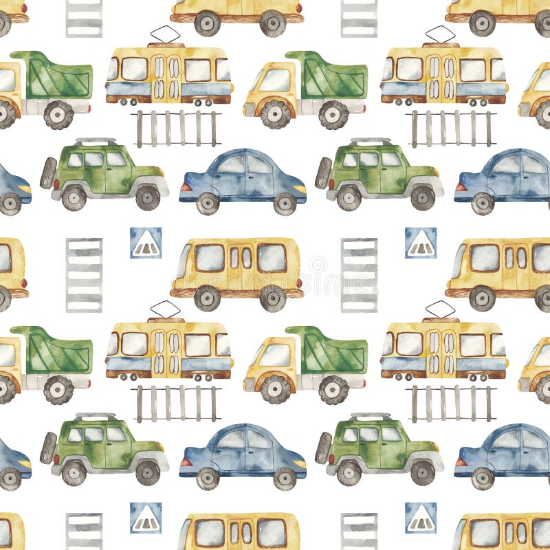 Watercolor seamless pattern with urban cartoon cute transport. Texture for boyish design, birthday, wallpaper, scrapbooking, print