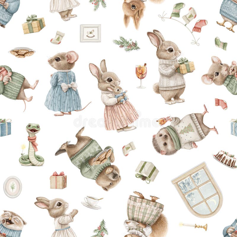 Watercolor seamless pattern with various forest Christmas animal characters in clothes and objects stock illustration