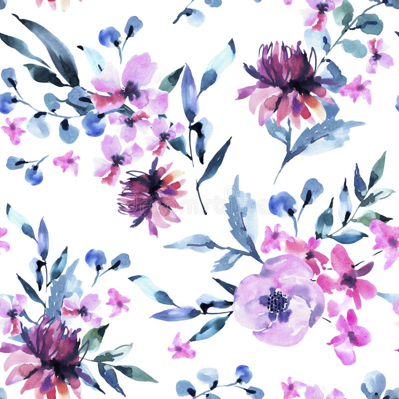 Watercolor Seamless Pattern of Vintage lilac Turquoise Flowers, Wildflowers. Natural Pink Floral Texture on White Background