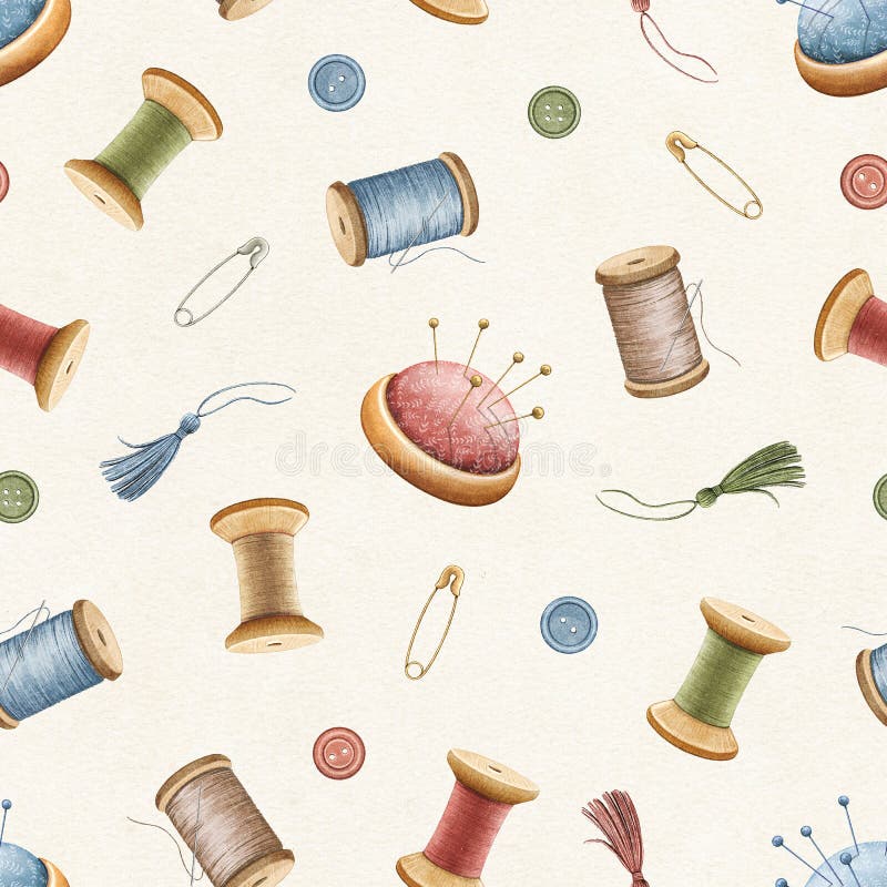 Watercolor Seamless Pattern Vintage Sewing Accessories on Paper ...