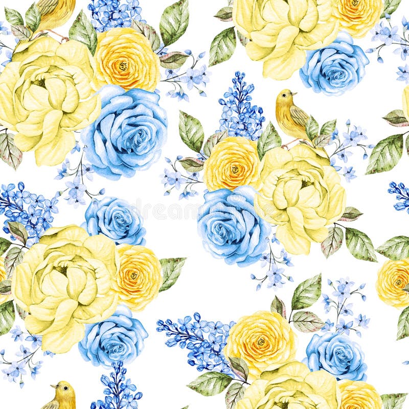 Watercolor Seamless Pattern with Yellow and Blue Flowers Stock