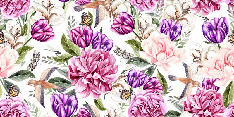 Watercolor seamless spring pattern with peony, tulip, cotton and birds. Illustration