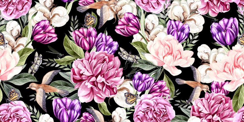 Watercolor seamless spring pattern with peony, tulip, cotton and birds.