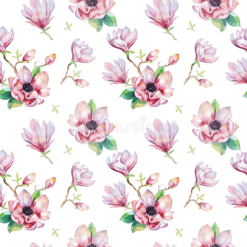 Watercolor seamless wallpaper with magnolia flowers, leaves. royalty free illustration Watercolor seamless wallpaper with magnolia flowers, leaves. royalty free illustration