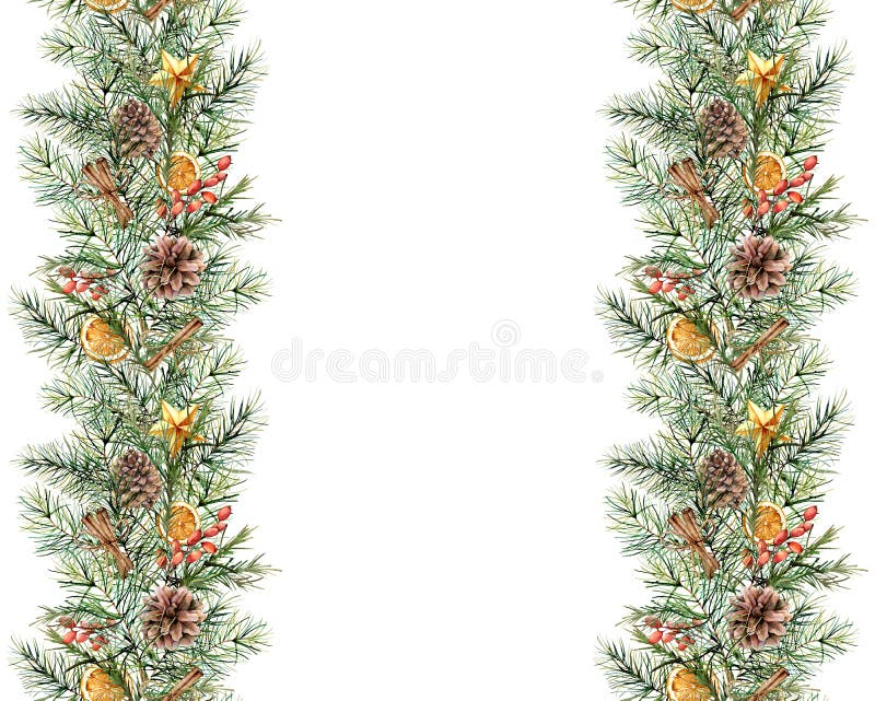 Watercolor seamless winter border with floral decor. Hand painted fir branch with pine cones, berries, stars and