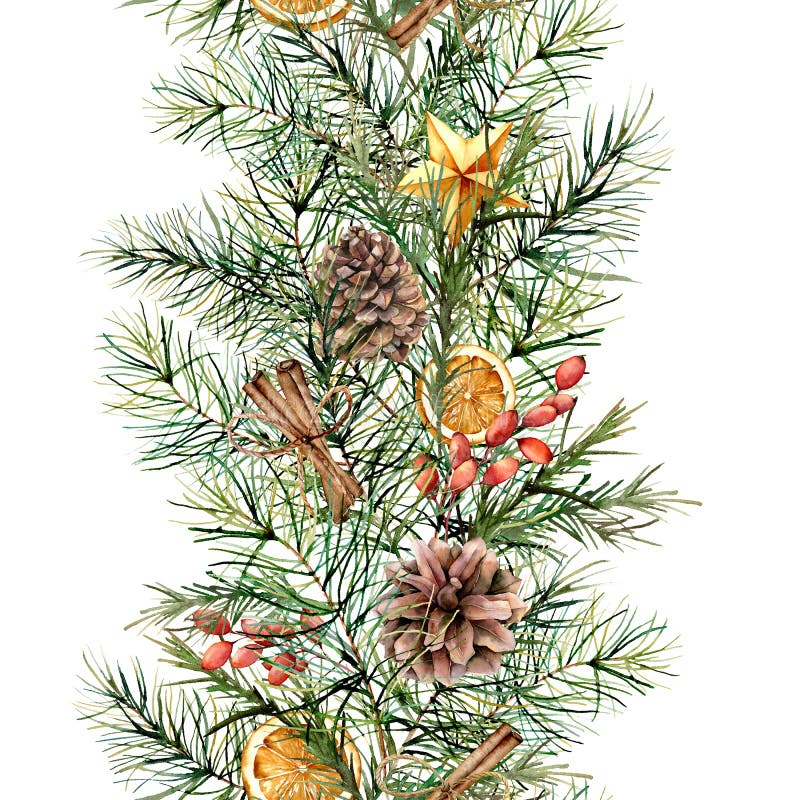 Watercolor seamless winter bouquet with decor. Hand painted fir branch with pine cones, berries, stars and cinnamon