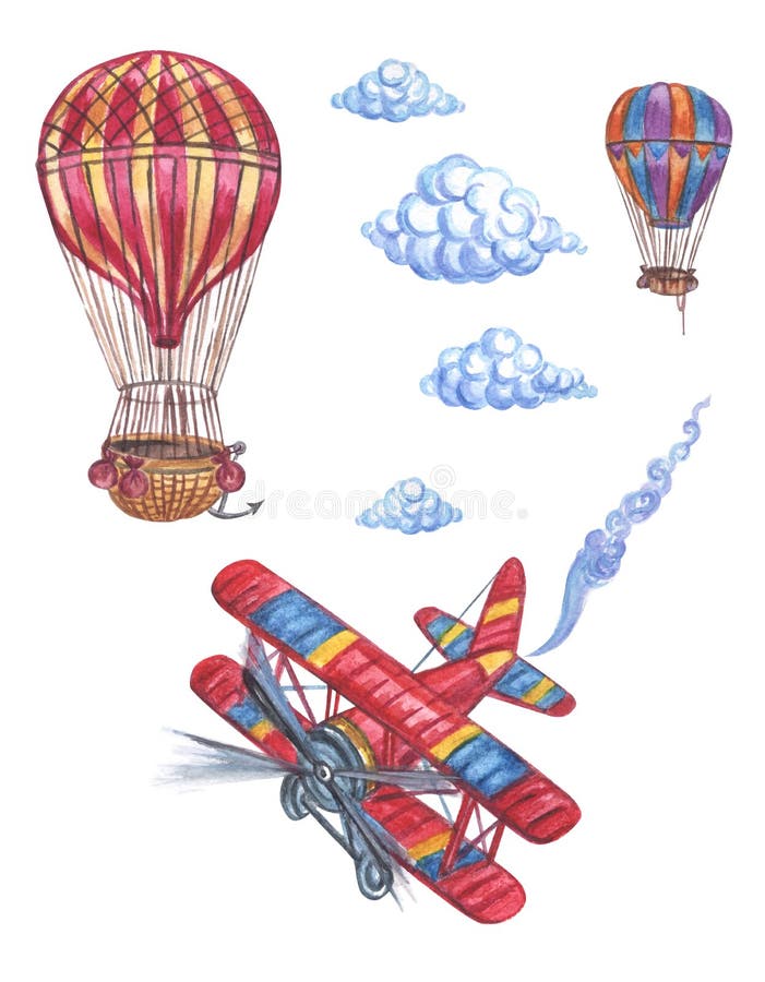 Retro Airplane in Clouds and Balloon Pattern Print Canvas Shoulder