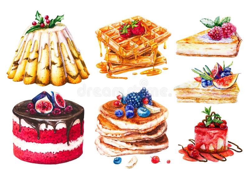 Hand-drawn pancakes, waffles with honey and pieces of cheesecake and honey cake, berry jam cake, Christmas cake and Red Velvet cake. Hand-drawn pancakes, waffles with honey and pieces of cheesecake and honey cake, berry jam cake, Christmas cake and Red Velvet cake