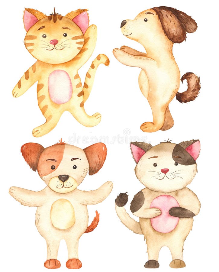 Watercolor set with cute cartoon cats and dogs. royalty free stock photography Watercolor set with cute cartoon cats and dogs. royalty free stock photography