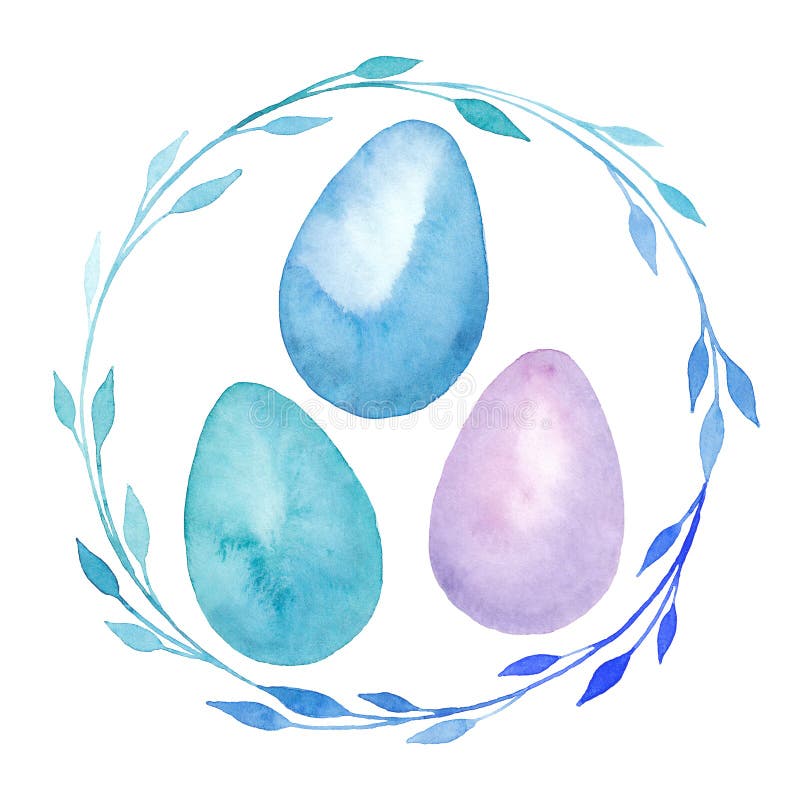 Watercolor set of elements Happy Easter eggs with leaf wreath, greetings card, isolated on white stock illustration