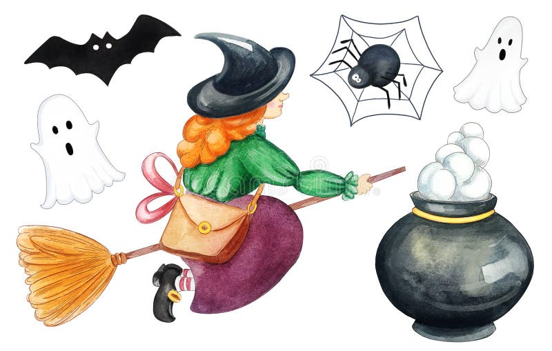 Watercolor set halloween party. Happy Halloween design elements. Cute halloween icons and objects isolated on white background.
