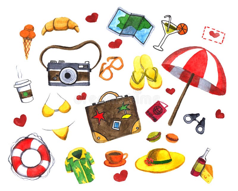 Watercolor set of travel icons