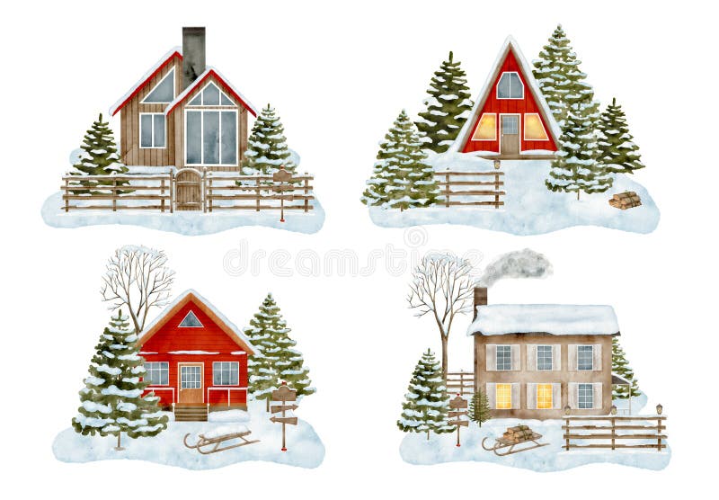 Watercolor set of winter house illustrations. Hand drawn modern wood cottage with snowy fir trees isolated on white