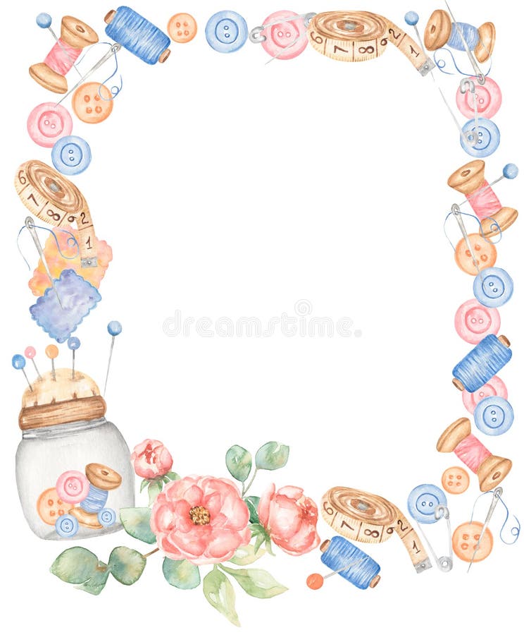 Watercolor Sewing Elements and Peony Flowers Bouquet Frame Clipart ...