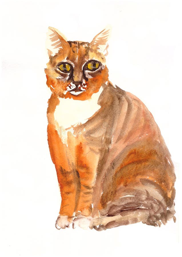 Watercolor Sitting Ginger Cat with Green Eyes Stock Illustration