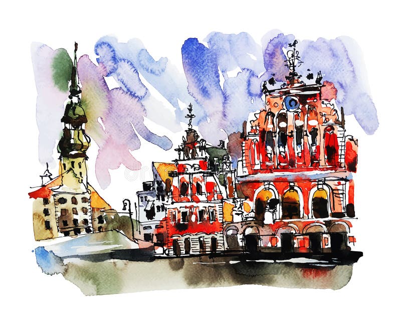 Watercolor sketch painting of old town Riga Latvia top view city vector illustration Watercolor sketch painting of old town Riga Latvia top view city vector illustration
