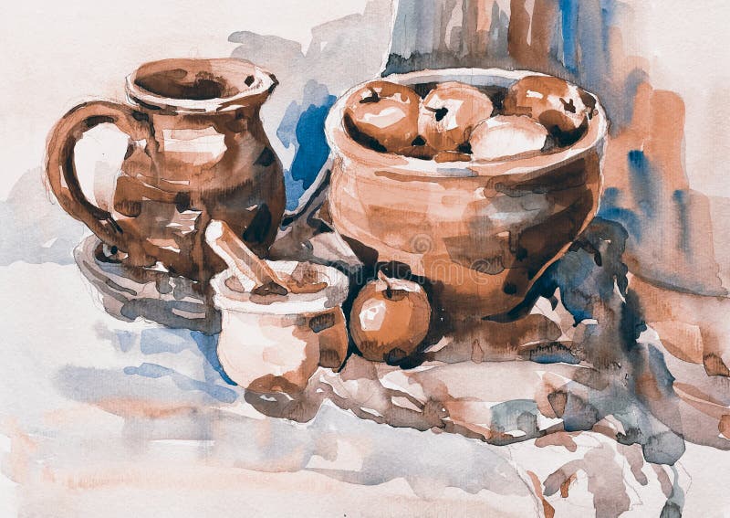 Watercolor sketch painting of still life with vintage tableware stock illustration Watercolor sketch painting of still life with vintage tableware stock illustration