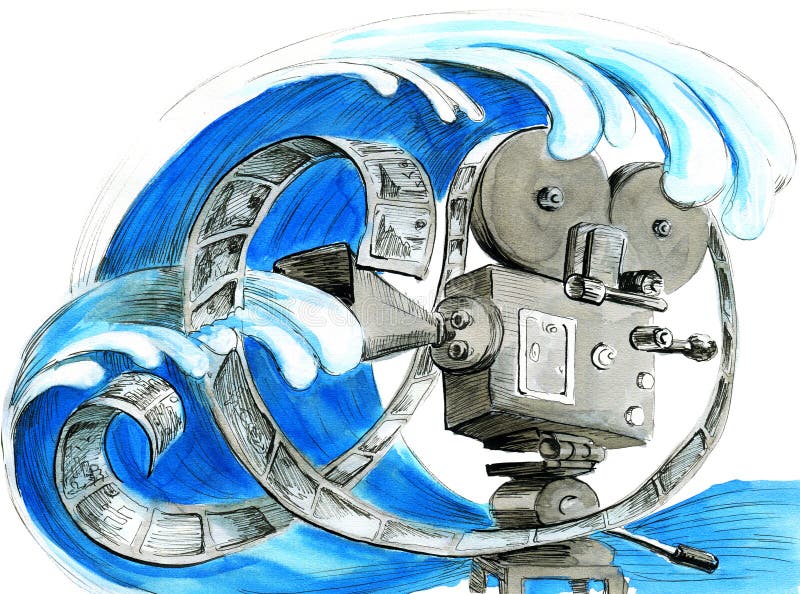 Download Watercolor Sketch Of Video Camera With Ocean Wave Stock Illustration - Illustration of operator ...