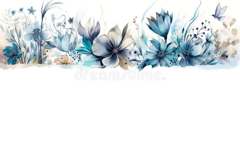 Watercolor soft blue blooming spring flowers on white backdrop. Floristic decoration with blank copy space. Natural floral vector illustration