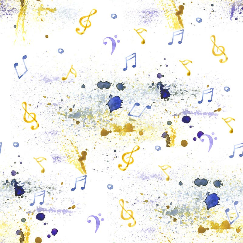 Watercolor Splash Music Notes Pattern on White Background Stock