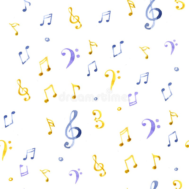 Watercolor Splash Music Notes Pattern on White Background Stock