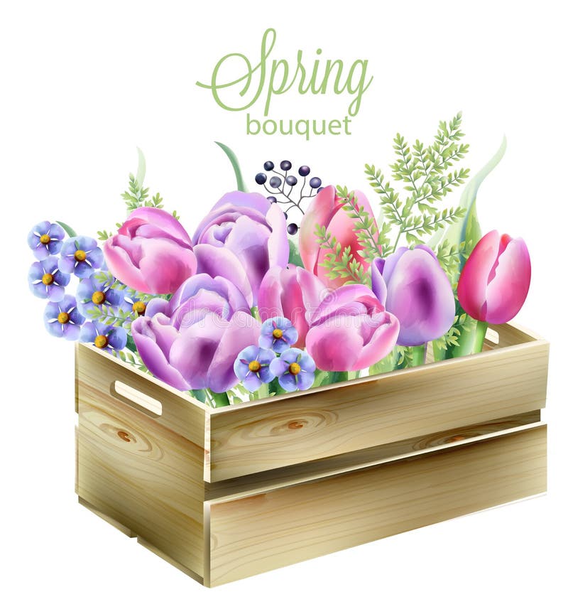 Watercolor spring bouquet in a wooden box. Orchid, bluebells, berries, green leaves and tulips