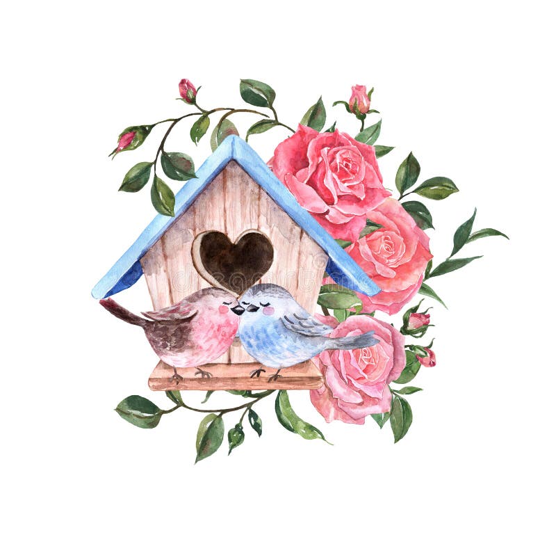 Watercolor spring cute birds illustration. Valentines day card with hand painted birds, bird house and pink roses