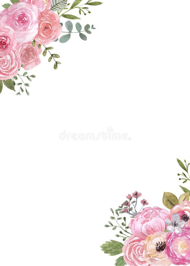 Watercolor spring floral border. Hand painted pink flowers and greenery, leaves on white background. Holiday frame