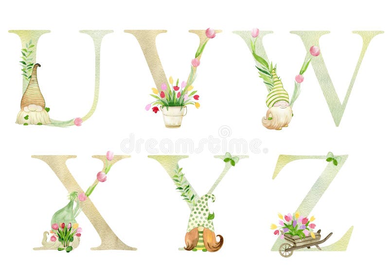 Watercolor Spring Gnomes Letters. Stock Illustration - Illustration of ...